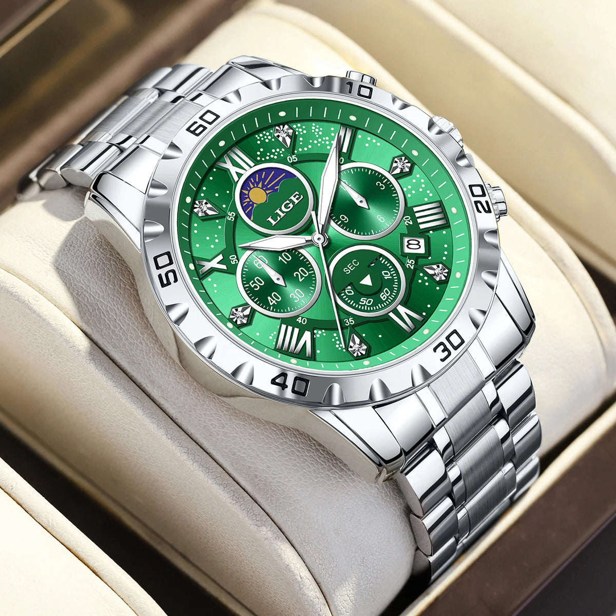 LIGE Top Brand Luxury Quartz Man Watch Casual Sport Waterproof Stainless Luminous Chronograph 24H Moon Phase Watches for Men+Box