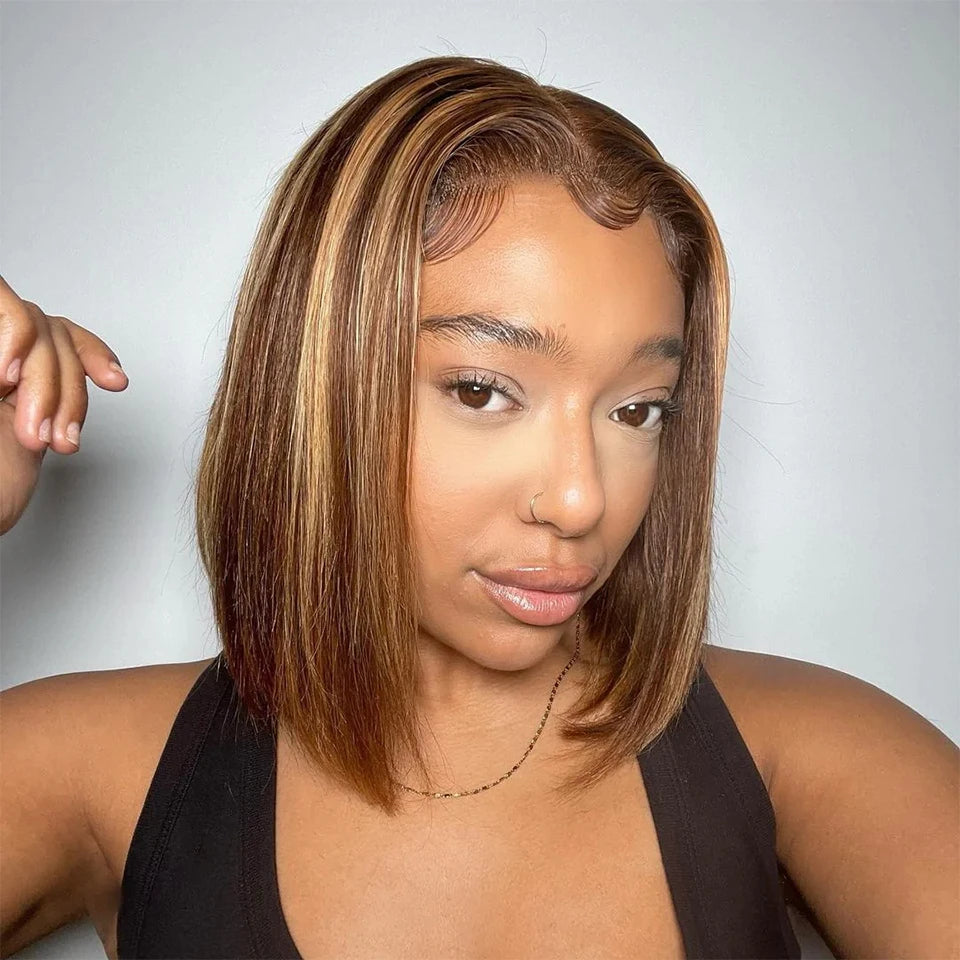 Highlight Dark Brown Blonde Straight Bob Wig 200 Density Virgin Human Hair 13x4 Lace Front Wigs HD Lace Wigs For Black Women