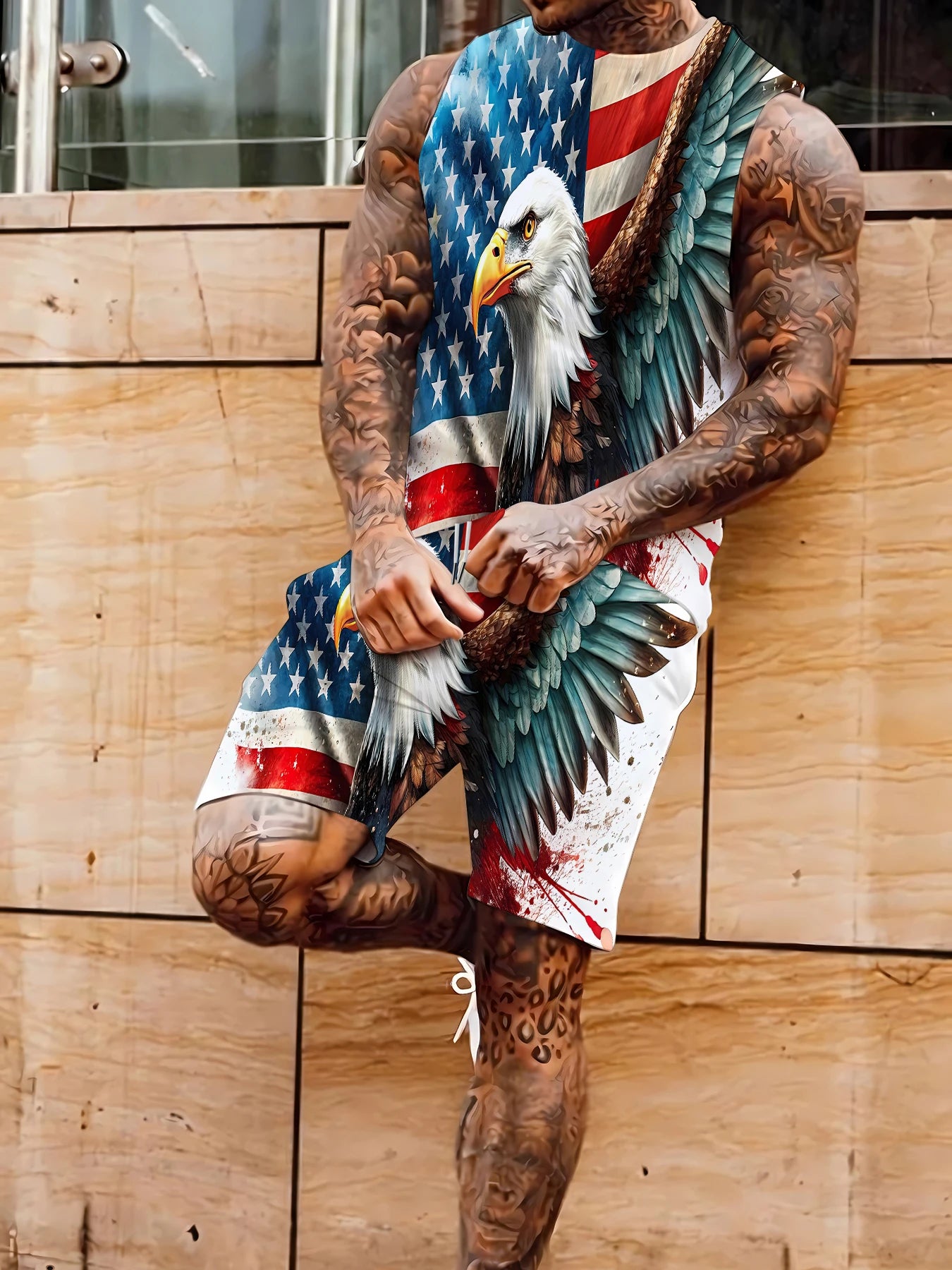 Men's Hawaiian Print Tank Top and Shorts Set Vibrant Polyester Summer Beach Suit Standard Size