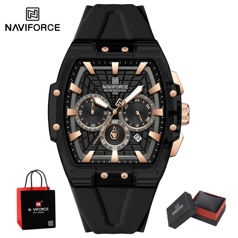 NAVIFORCE Mens Sport Watches 5ATM Waterproof Chronograph Tonneau Silicone Strap Luminous Casual Quartz Male Wristwatch Gifts box