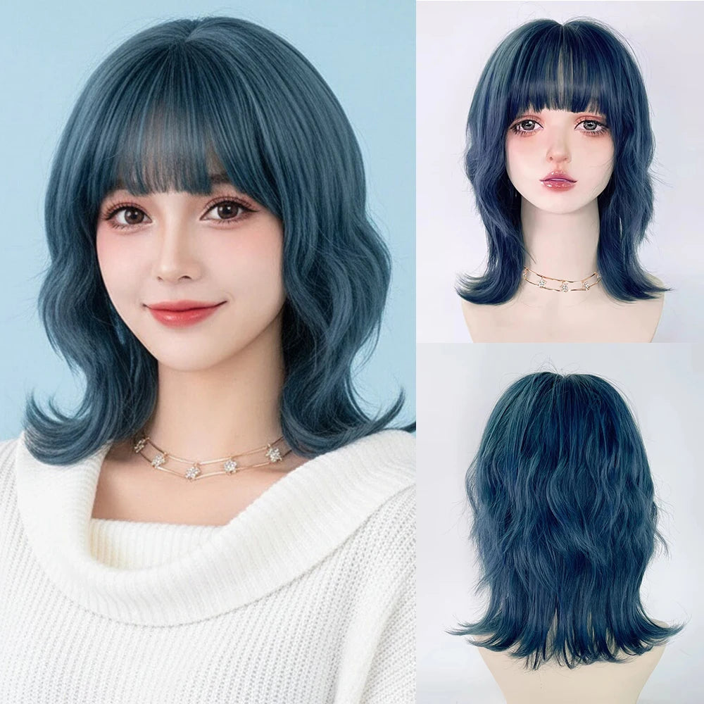 Synthetic Short Curly Blue Mullet Head Wig With Bangs Women Cosplay Anime Realistic Fake Hair For Daily Party