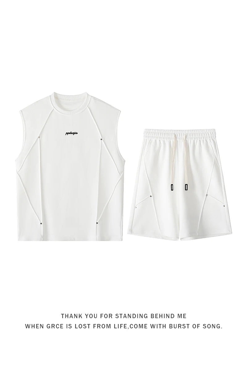 For Men's Splicing Summer Simple Breathable Round Neck Vest Shorts Five-point Pants Set Casual Rivet Decorative Sports Vest Top
