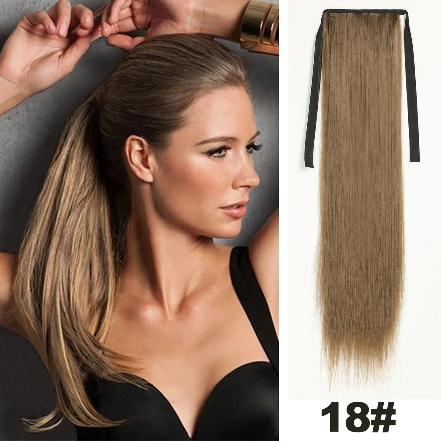 Straight Long Ponytail Extensions 22inch Natural Black Wrap Around Synthetic Hair Piece Pony Tail Hair Hairpieces for Women Girl