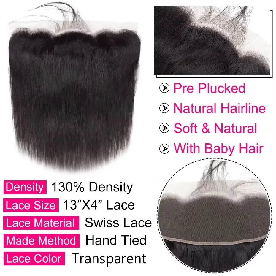 13x4 Transparent  Lace Frontal with Bundles Brazilian Virgin Human Hair With Lace Front Straight Hair Extension Natural Black