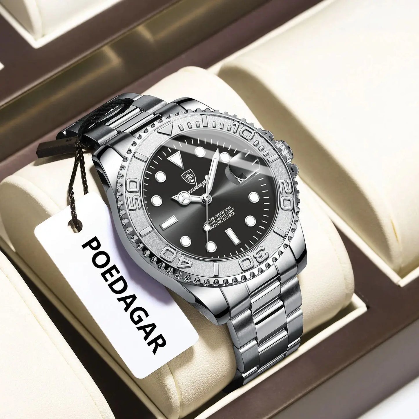 POEDAGAR Trendy Sport Man Watch Luminous Waterproof Stainless Steel Date Men Wristwatch Luxury Business Men's Quartz Watches+Box