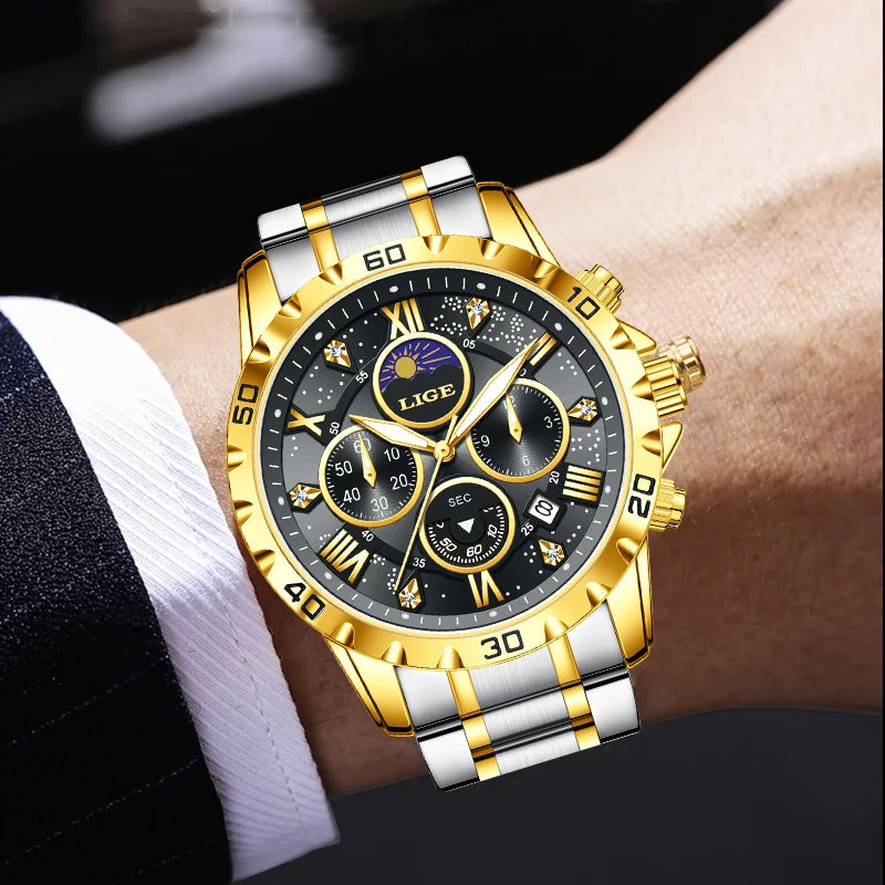 LIGE Top Brand Luxury Quartz Man Watch Casual Sport Stainless Luminous Waterproof Chronograph 24H Moon Phase Watches for Men+Box