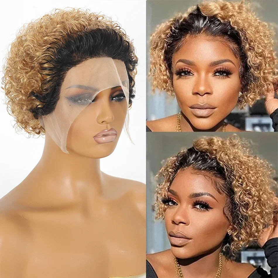 Peruvian Hair Pixie Cut Wig Kinky Curly Virgin Hair Wig 1B/30 Short Bob Natural Color Full Machine Made Wigs For Black Women