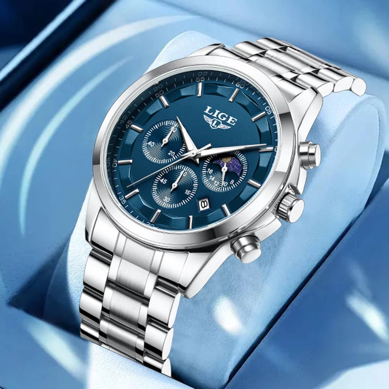LIGE Luxury Fashion Quartz Man Watch Classic Business Auto Date Gentlemen Steel Band Moon Phase Waterproof Watches for Men Male