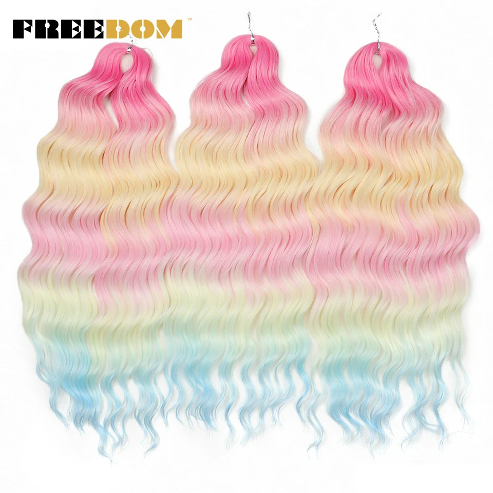 FREEDOM Synthetic Curly Braiding Hair Extensions 24 Inch/60 cm Long Deep Wavy Twist Crochet Braids Hair Ombre Brown Rainbow Hair