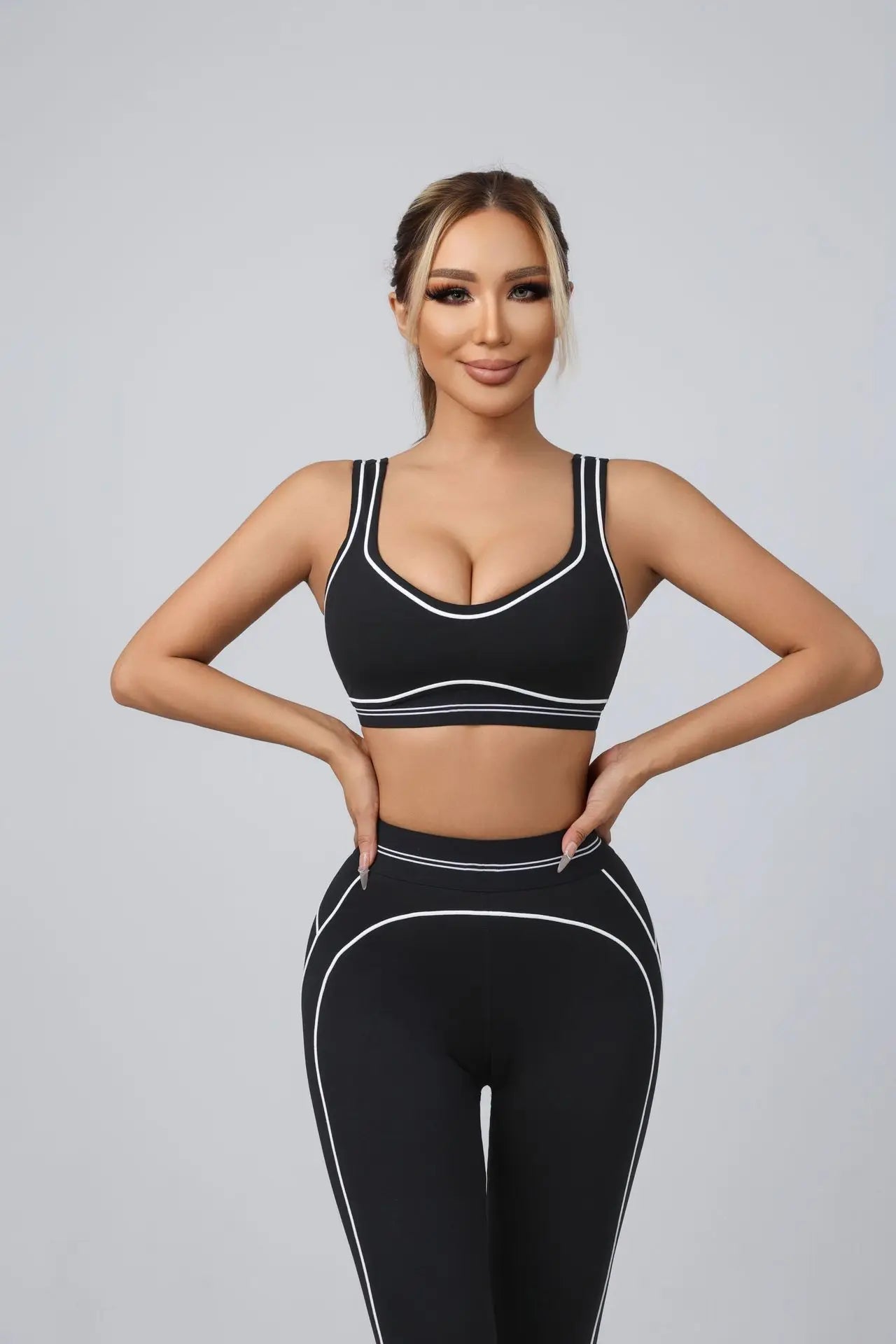 Yoga Suit Women Sport Set Pilates Clothing High Waisted Elasticized Leggings Hip Lifting Pants Gather Top Vest Strip Workout Set