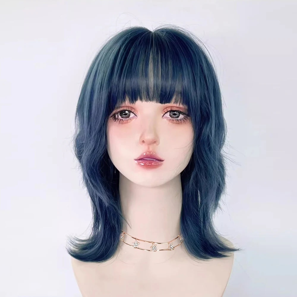 Synthetic Short Curly Blue Mullet Head Wig With Bangs Women Cosplay Anime Realistic Fake Hair For Daily Party