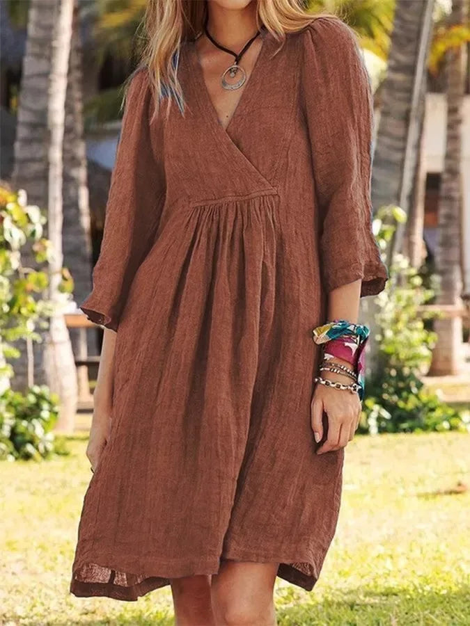 Cotton And Linen Dress For Women 2024 Autumn 3/4 Sleeve Casual Loose Solid Color V-neck Midi Dresses Elegant Women's Clothing