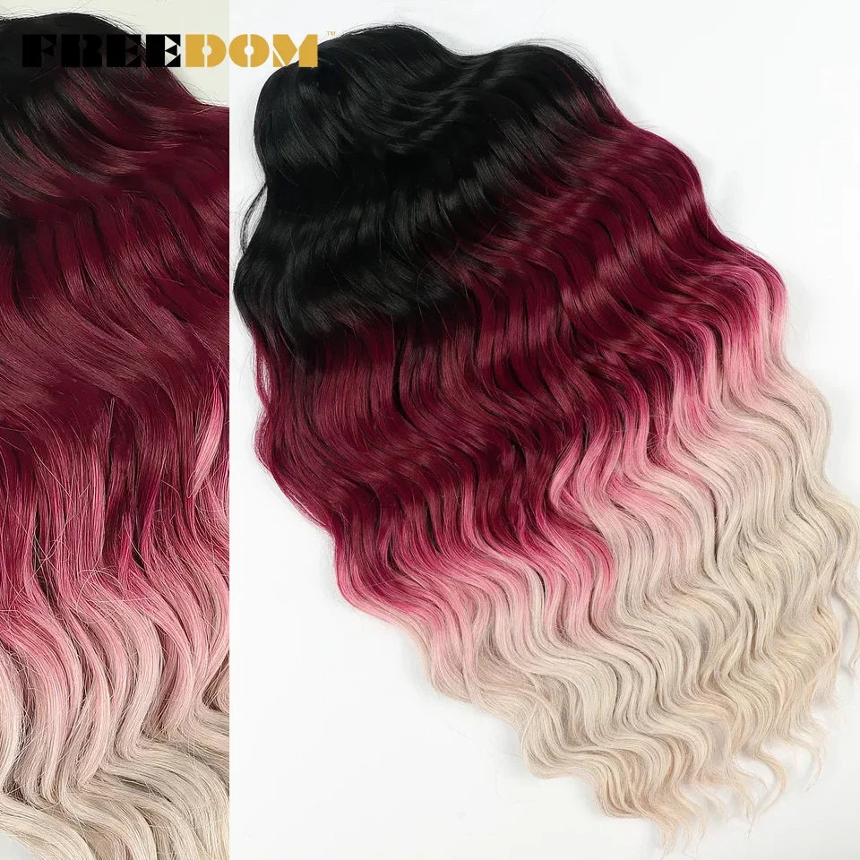 FREEDOM Synthetic Curly Braiding Hair Extensions 24 Inch/60 cm Long Deep Wavy Twist Crochet Braids Hair Ombre Brown Rainbow Hair