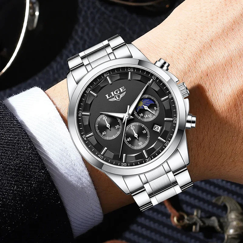 LIGE Luxury Fashion Quartz Man Watch Classic Business Auto Date Gentlemen Steel Band Moon Phase Waterproof Watches for Men Male