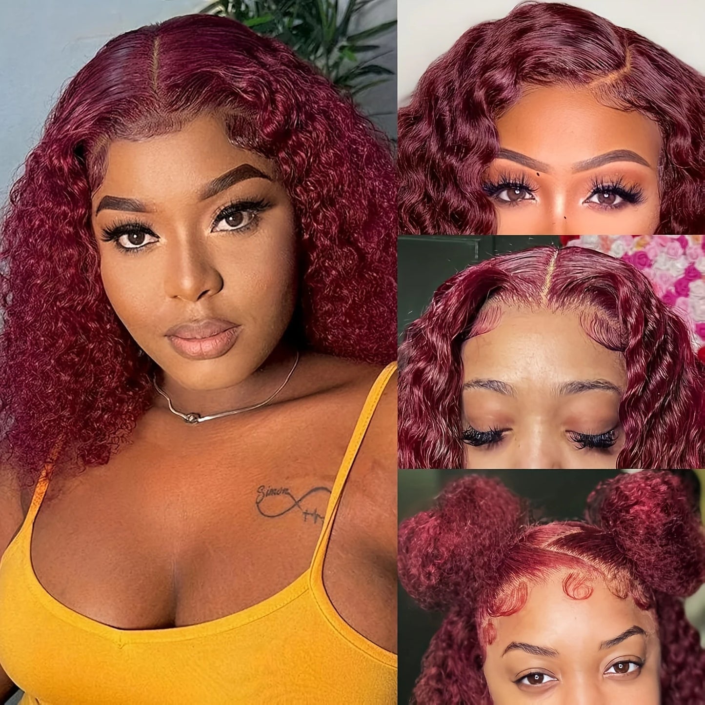 99J Burgundy Color Deep Wave Short Bob Human Hair Wigs 13x4 Lace Front Wig 10-16 Inch 100% Human Hair Curly Bob Wig 250% Density