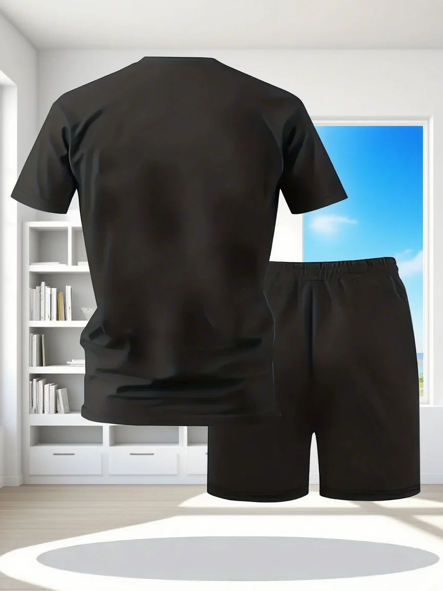 Youth Men's Fashionable Casual Sports Two-Piece Set Print Summer Short-Sleeved T-Shirt And Shorts Ensemble