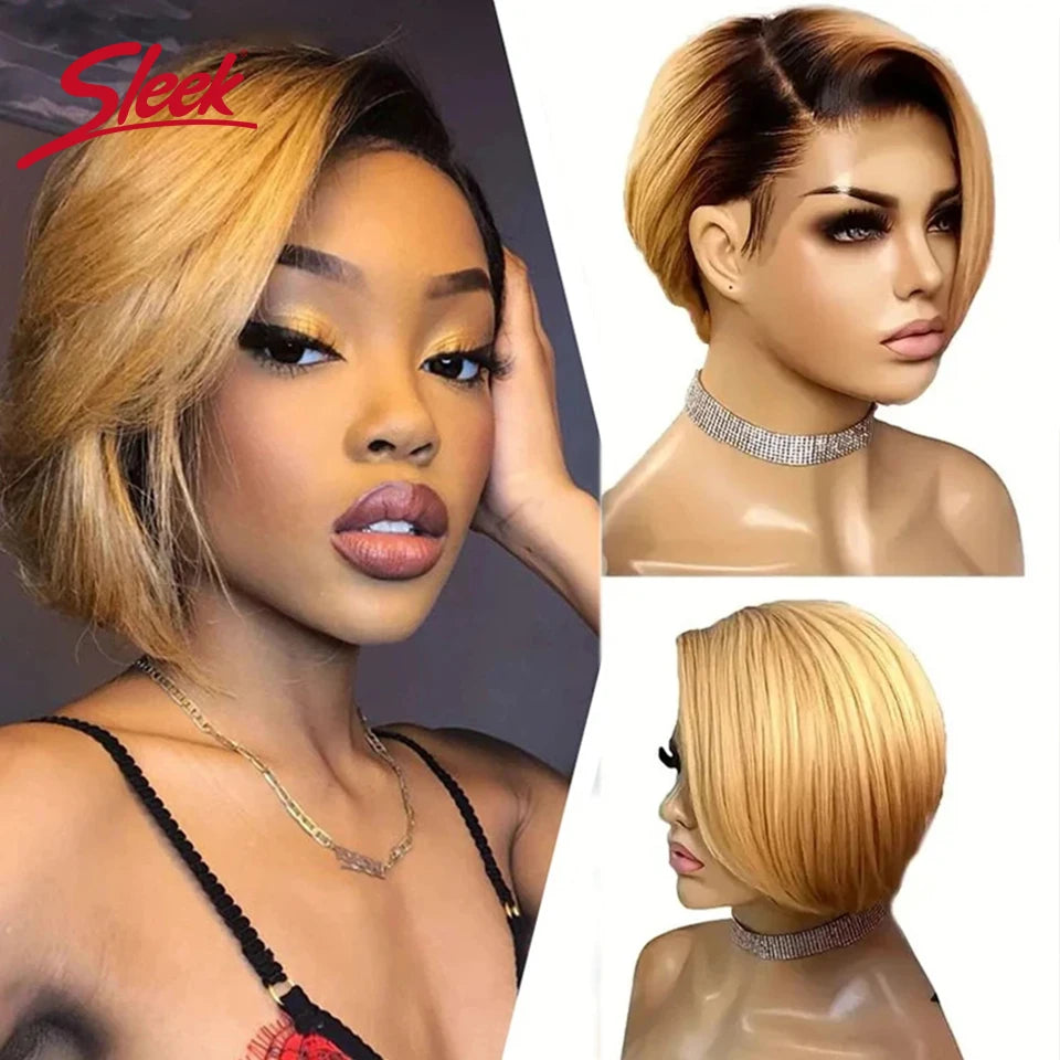 Blond 27 Pixie Cut Bob Wigs Lace Front T Part Human Hair Wigs For Nature Black Dark Brazilian 613 Straight Remy Human Hair Wigs