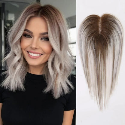 12 Inch Light Brown Ombre Middle Part Lace Front Topper 100% Remy Human Hair Topper Hair Pieces with Clips Extensions for Women