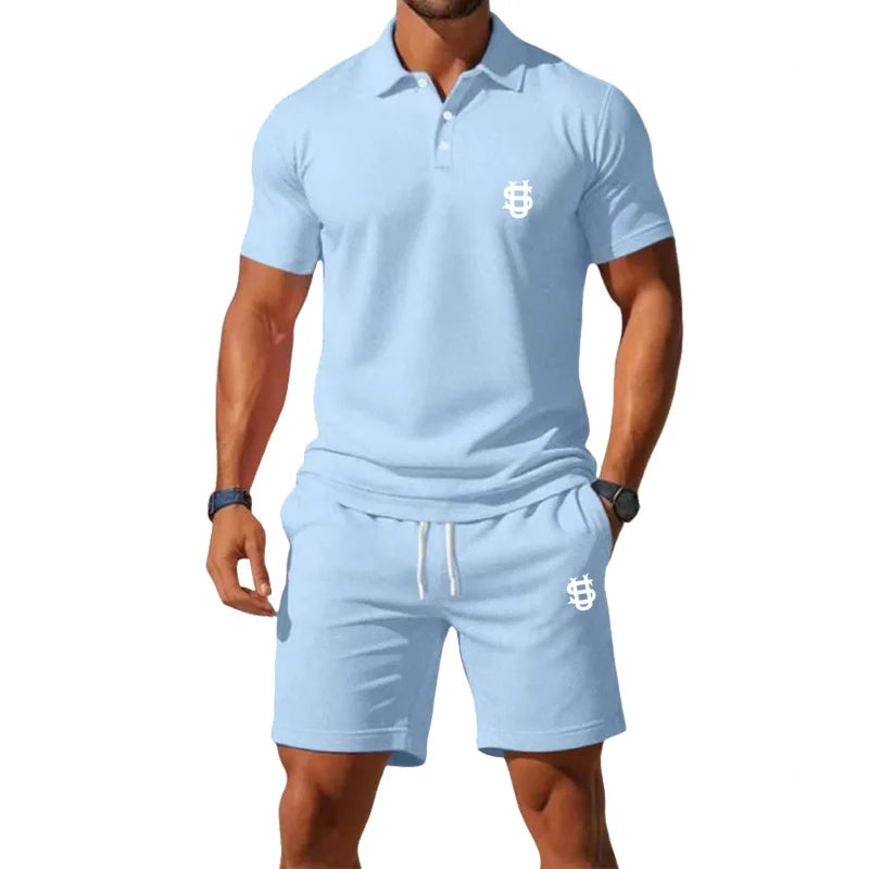 Men's summer sports outfit T-shirt top - two-piece set, including shorts, with a slim fit design and a gentleman's style