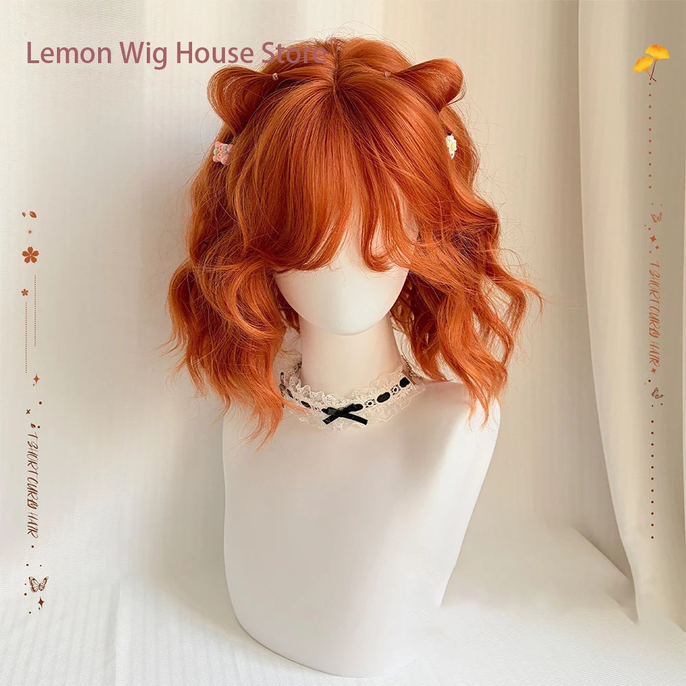 Short Wavy Orange Wig with Bangs 12inch Curly Hair Lolita High Quality Synthetic Wigs for Women Daily Cosplay Wig Heat Resistant