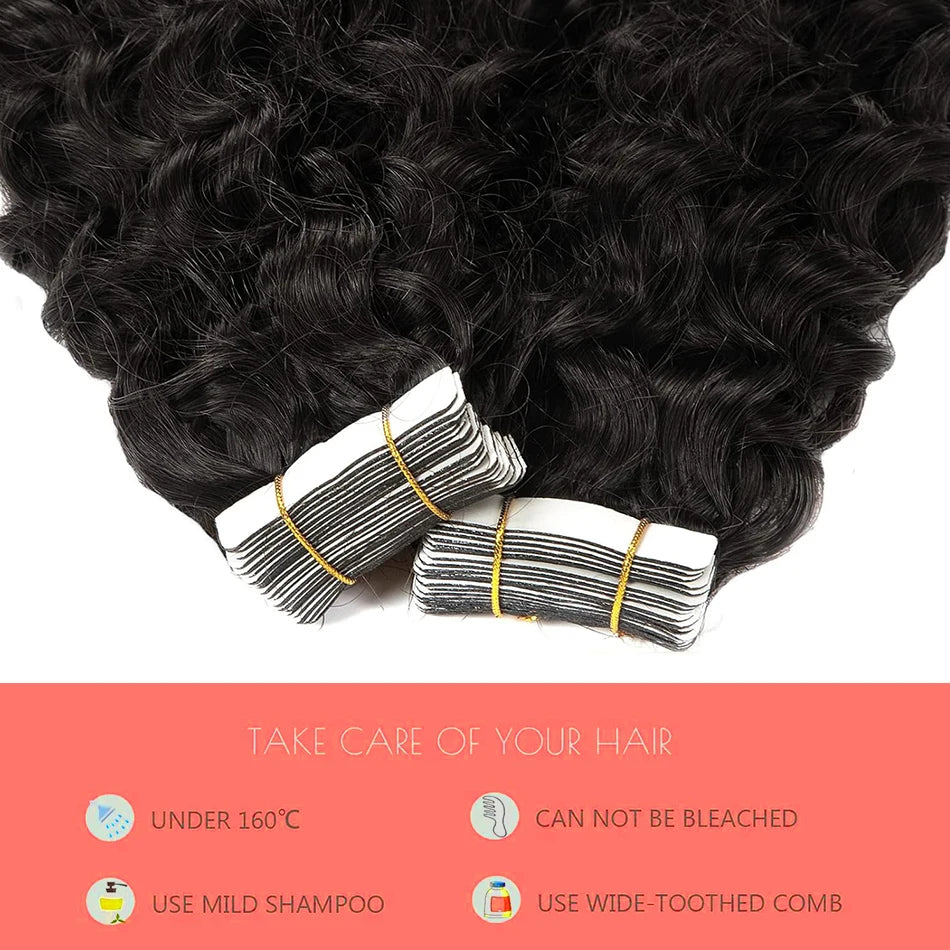 Water Wave Tape in Human Hair Extension Brazilian Hair Skin Weft Tape in Curly Human Hair 20 Pcs/Set Black Brown Blonde Color
