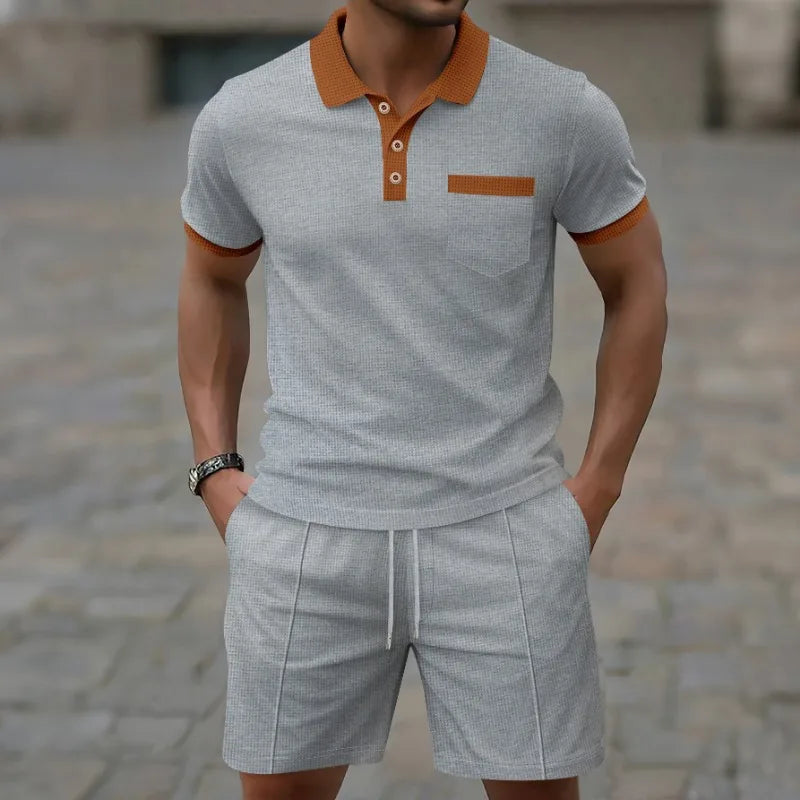 2026 Latest Summer Men's Fashion Casual Trendy Sports Contrast Collar Shirt and Drawstring Shorts 2-piece Fashion Casual Set