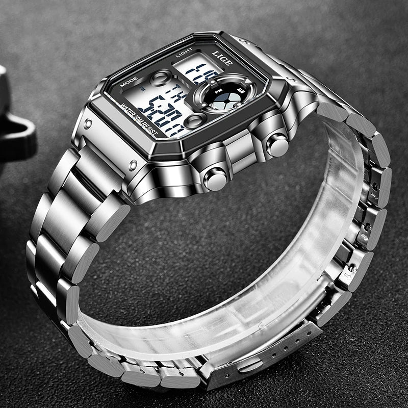 LIGE Fashion Casual Electronic Man Watch Sports Waterproof Luminous Alarm Stainless Steel Band Digital Men's Watches Chronograph
