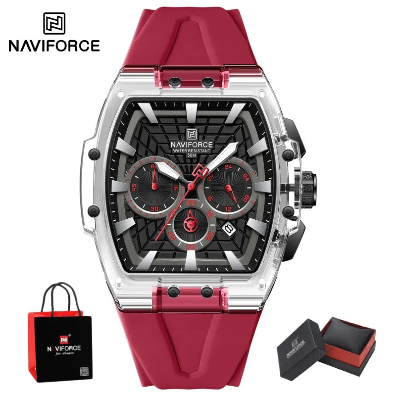 NAVIFORCE Mens Sport Watches 5ATM Waterproof Chronograph Tonneau Silicone Strap Luminous Casual Quartz Male Wristwatch Gifts box