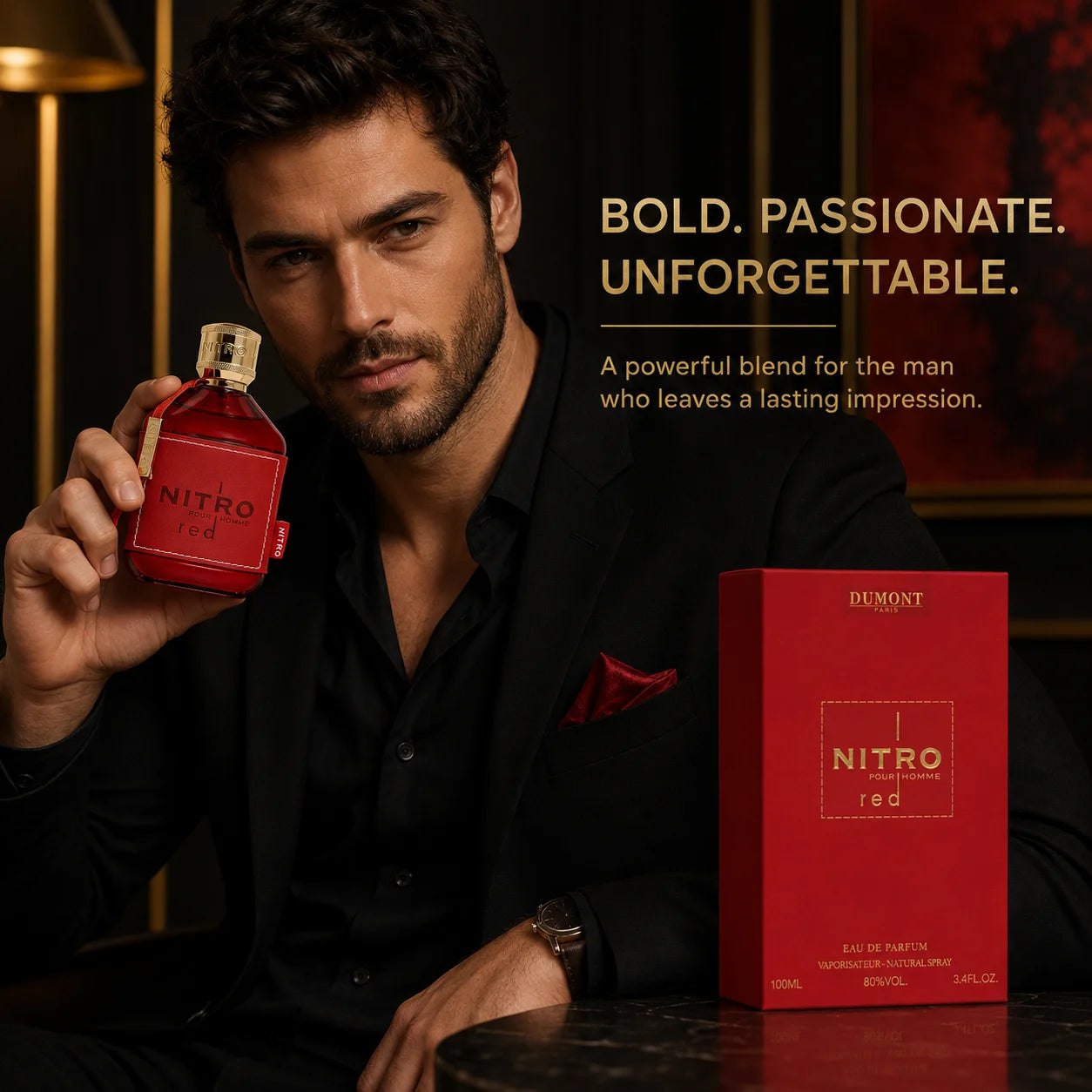 Dumont Nitro Red Pour Homme Eau de Parfum for Men, 3.4 Fl Oz / 100ml, Bold Masculine Fragrance Spray with Red Bottle and Gift Box for Daily Wear, Date Night and Special Occasions