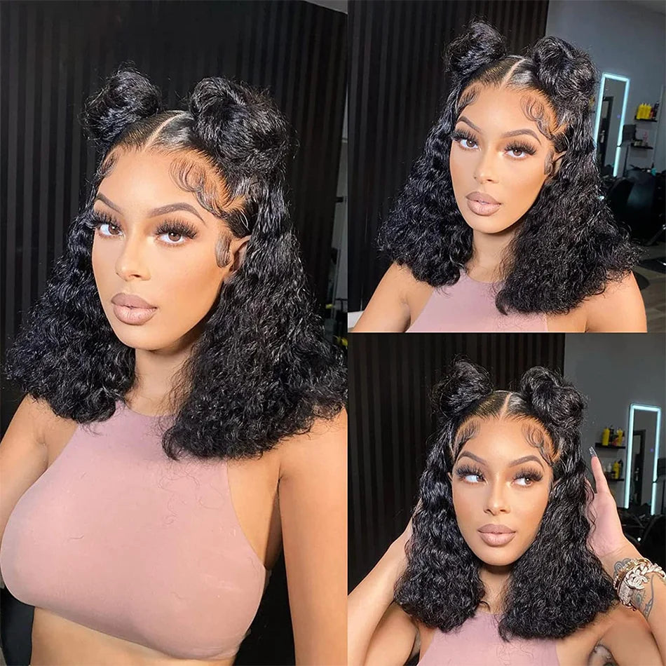 Water Wave Lace Front Wig Deep Free Part Lace Closure Wigs Bob Lace Wigs Brazilian Wet and Wavy Human Hair Wigs for Black Women Pre plucked Can be Dyed 12 14 16Inch