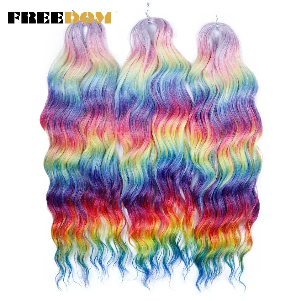 FREEDOM Synthetic Curly Braiding Hair Extensions 24 Inch/60 cm Long Deep Wavy Twist Crochet Braids Hair Ombre Brown Rainbow Hair