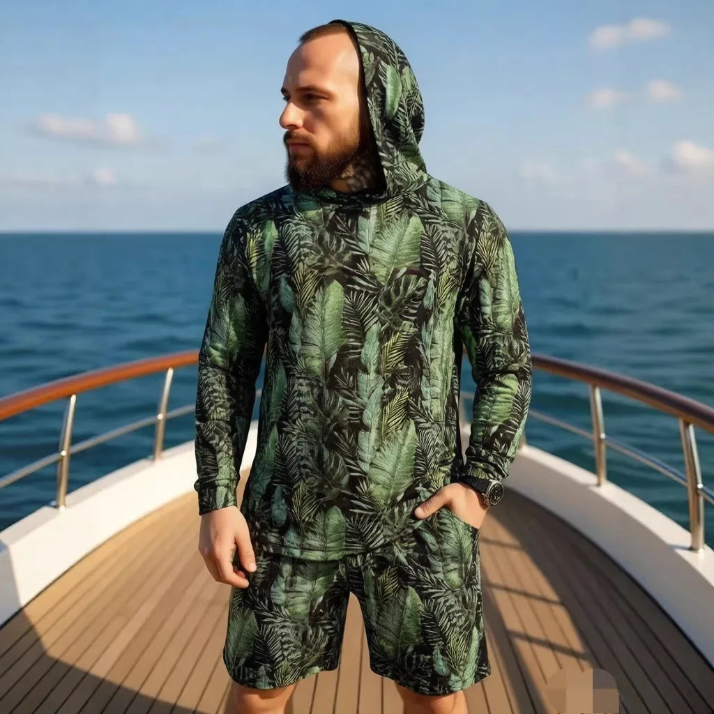 2026 New Camouflage Print Unisex Hooded Two Piece Set Long Sleeve Shirt Shorts Breathable Loose Summer Beach Streetwear Casual W