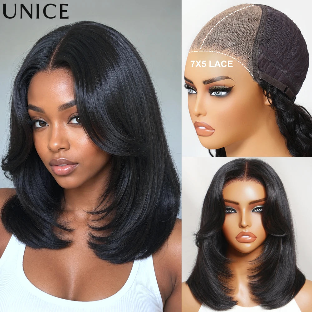 UNice Layered Cut Straight Bob Wig With Curtain Bang No-Slip 7x5 Lace Pre Cut Pre Bleached Glueless Wig Human Hair Ready To Wear