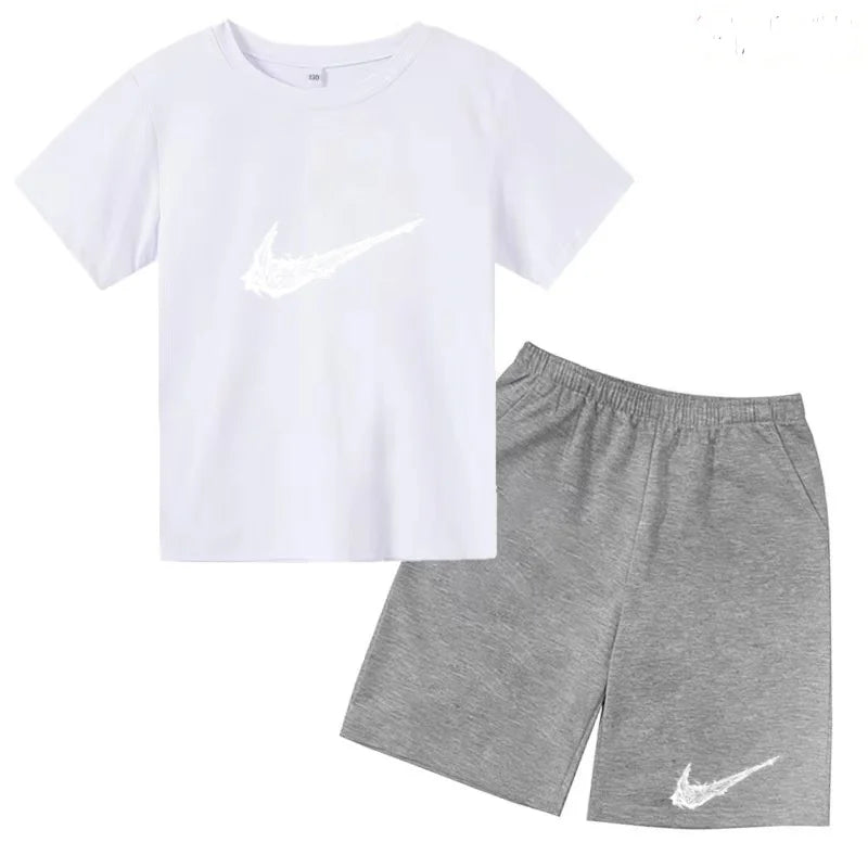 Summer Brand White T-shirt+Shorts Two-piece Set Kids New Clothing Fashion Letter Boy Girl3-13Yrs Sports Short-sleeved Casual Set