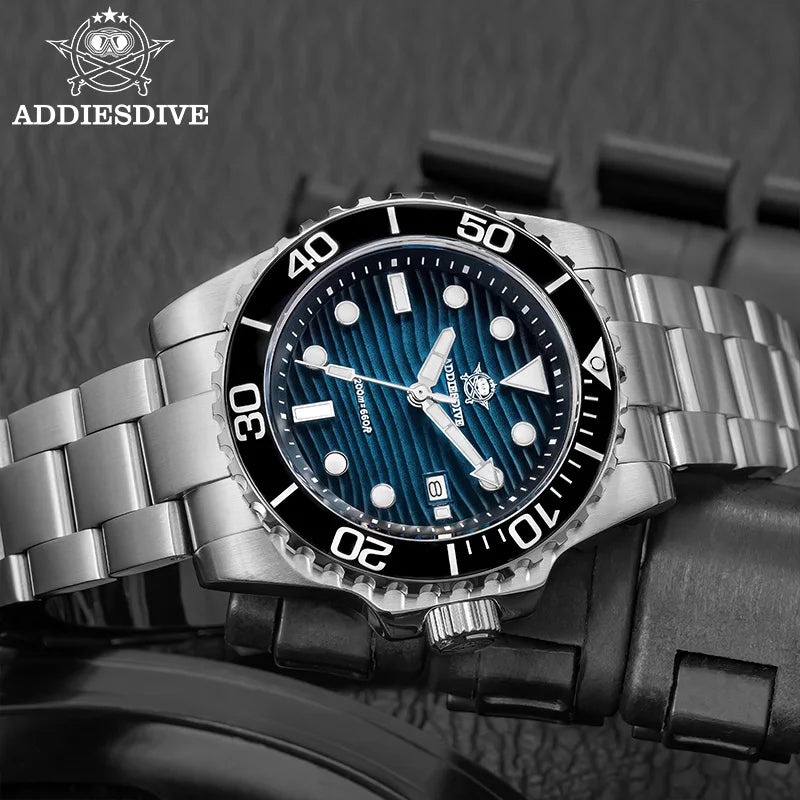 ADDIESDIVE Men's 2115 Quartz Watch Sand Dial 200M Waterproof Wristwatch 41mm Stainless Steel BGW9 Luminous Dive Watches Gift Box