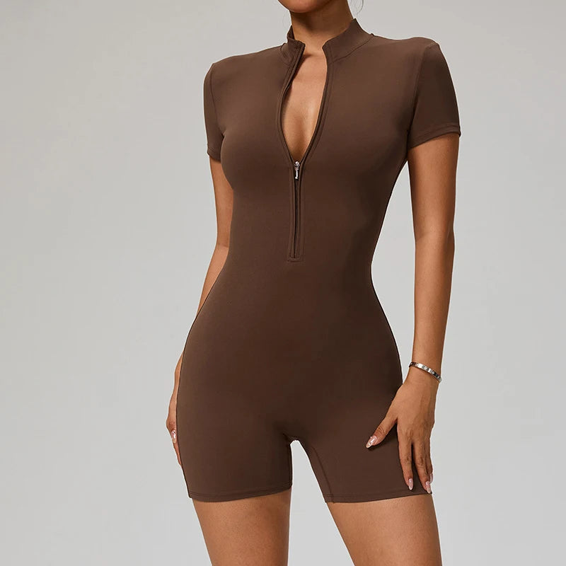 SOISOU Zipper Jumpsuit Women Short Sleeves Clothing Sportswear Woman Gym Yoga Sport Sets Nylon Workout Sets Women Tracksuit