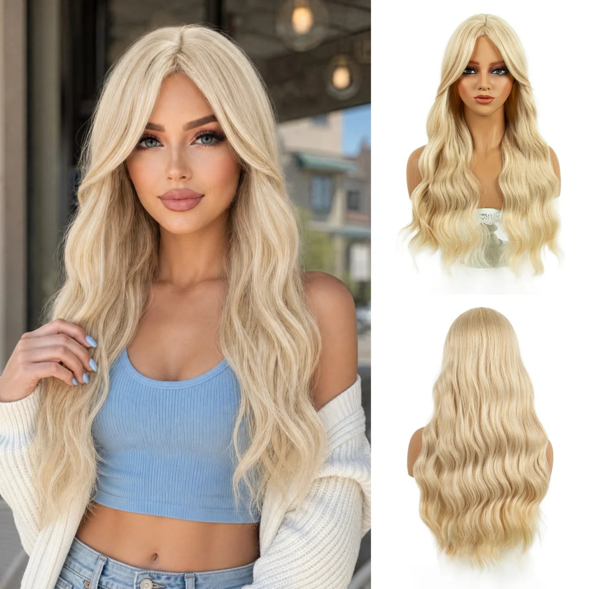REEWES Ombre Blonde Long Black Wavy Synthetic Wig With Bang Daily Wear Anime Cosplay