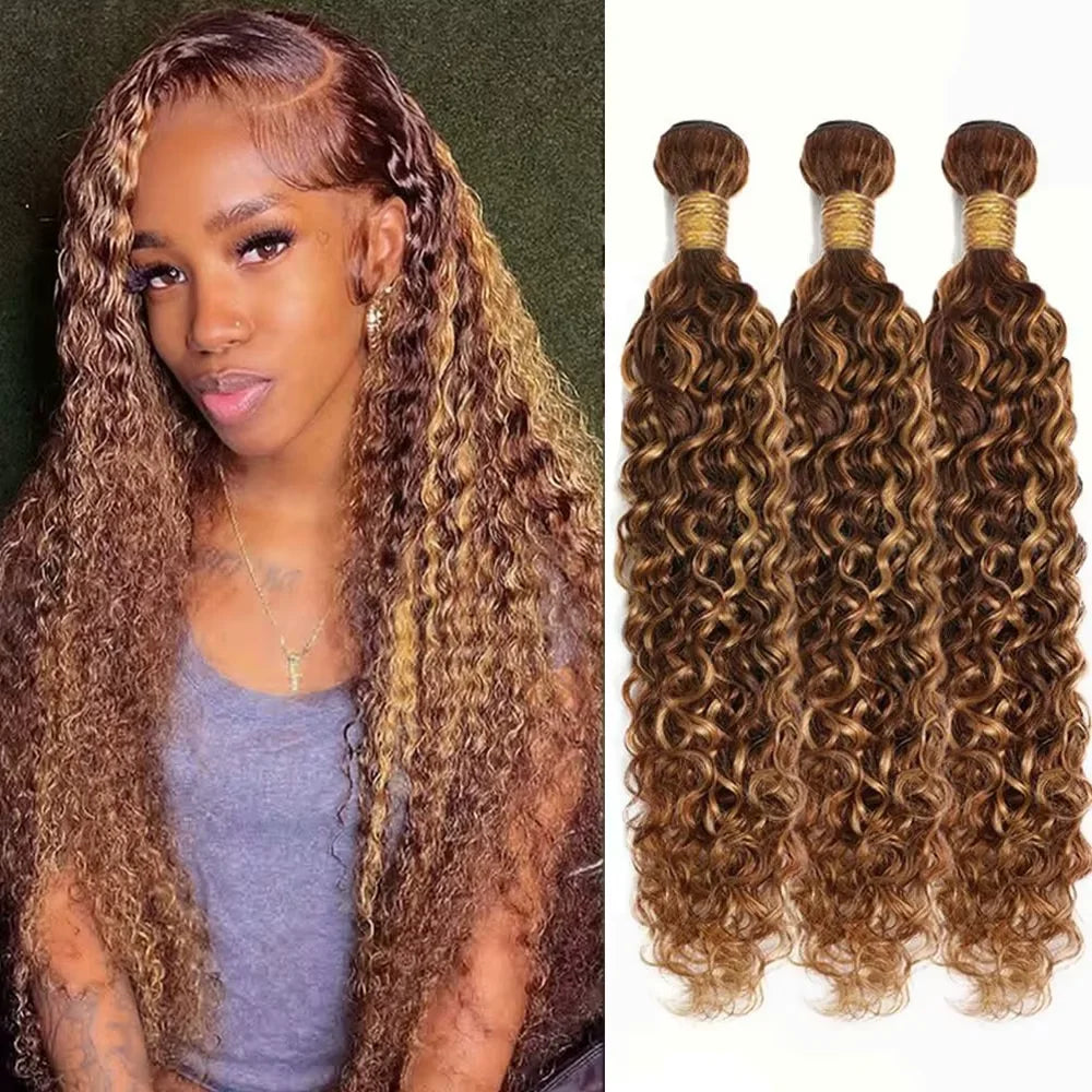 Highlight Deep Water Curly Bundles Human Hair Color #427 Ombre Brown Deep Wave Human Hair Bundles For Extensions Remy Hair Weave
