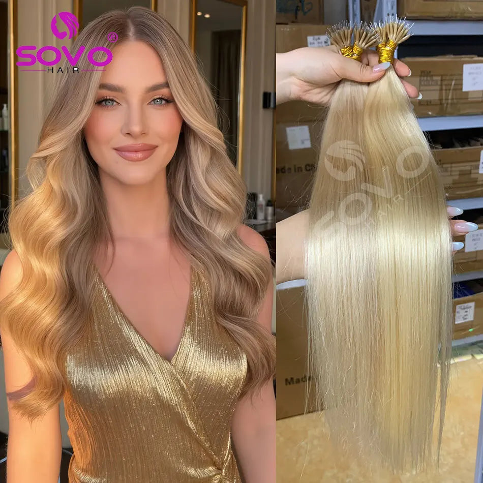 Nano Ring Hair Extensions Human Hair 100 Strands Remy European Straight Hair Natural Blonde Invisible Reusable