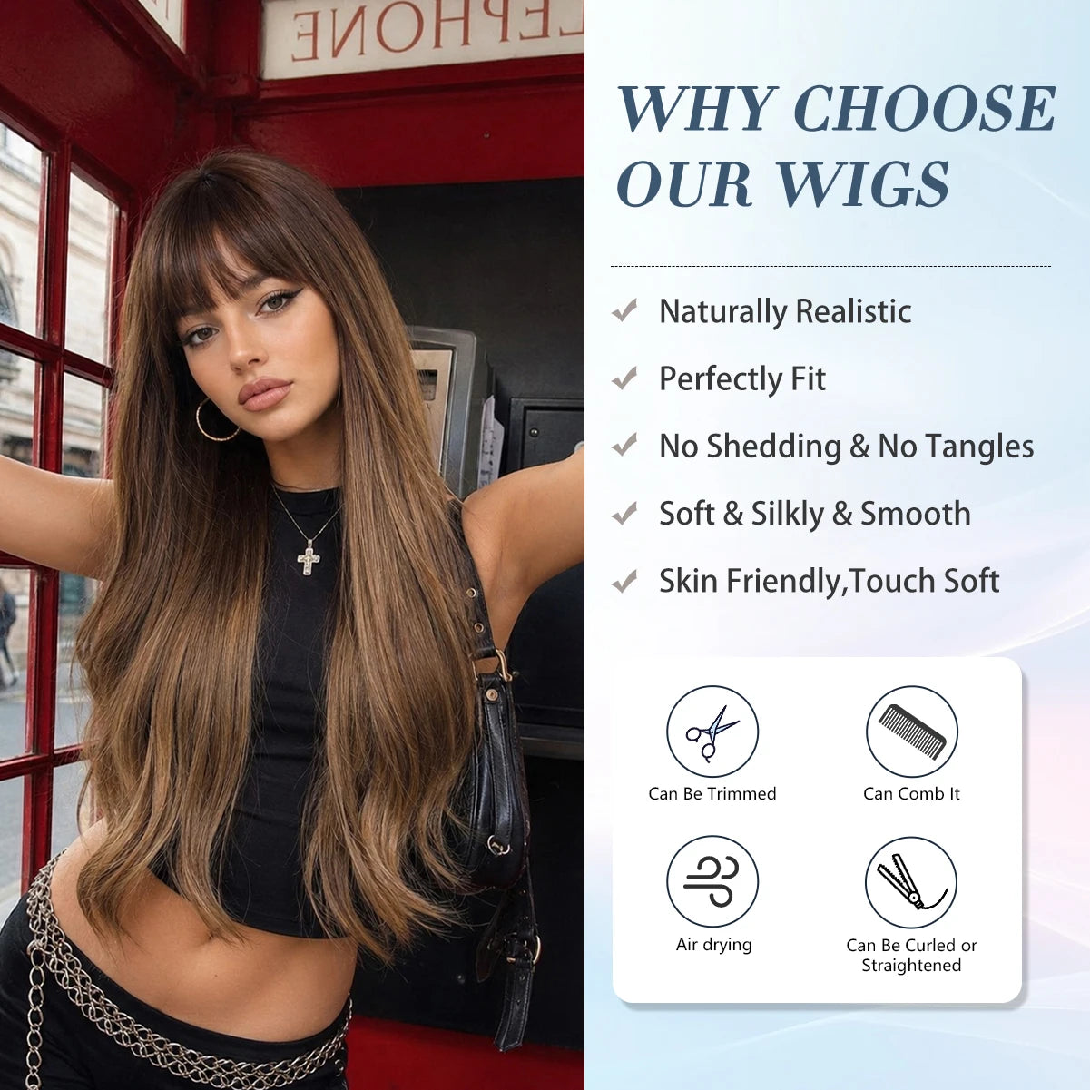 LOUIS FERRE Long Wavy Ombre Brown Wig with Bangs Synthetic Hair Wig Heat Resistant Daily Wear Office Party Cosplay Halloween