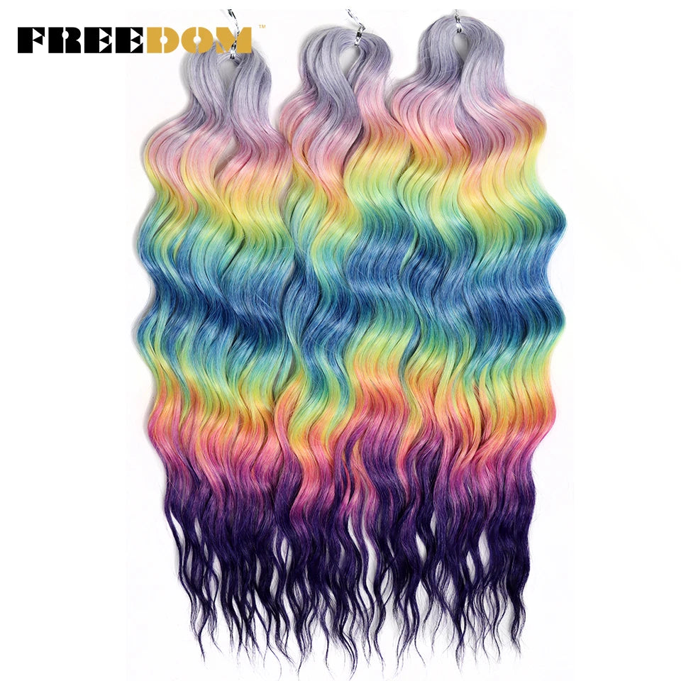 FREEDOM Synthetic Curly Braiding Hair Extensions 24 Inch/60 cm Long Deep Wavy Twist Crochet Braids Hair Ombre Brown Rainbow Hair