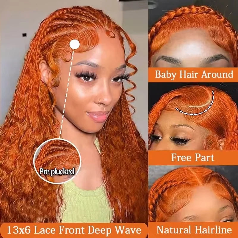 220% Density Ginger Orange Water Wave #350 Colored 13x6 HD Transparent Lace Front Wig Human Hair Deep Curly Wigs Pre Plucked