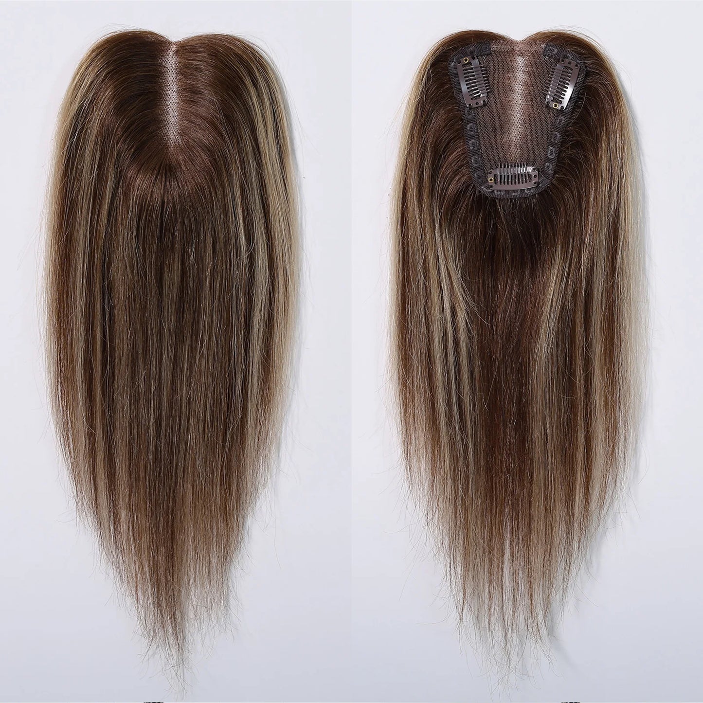 Brown Mixed Blonde Human Hair Toppers Middle Part 100% Remy Human Hair Straight Lace Base Clip in Hairpieces for Women Loss Hair