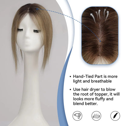 12 Inch Light Brown Ombre Middle Part Lace Front Topper 100% Remy Human Hair Topper Hair Pieces with Clips Extensions for Women
