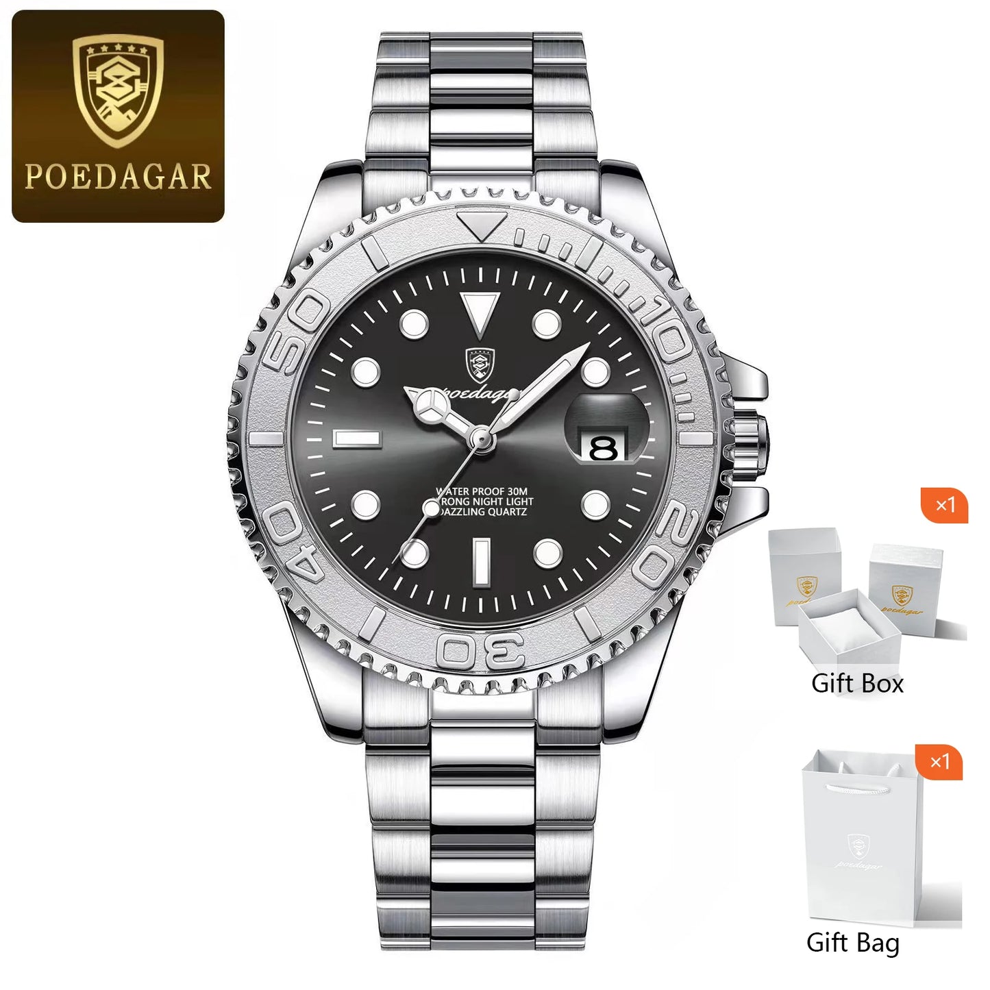 POEDAGAR Trendy Sport Man Watch Luminous Waterproof Stainless Steel Date Men Wristwatch Luxury Business Men's Quartz Watches+Box