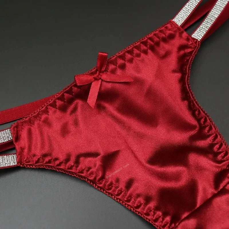 Sexy Silk Satin Thongs Hollow Out Fashion Solid Color Panties Cotton Crotch Low Waist Breathable Pure Color Women's Underwear