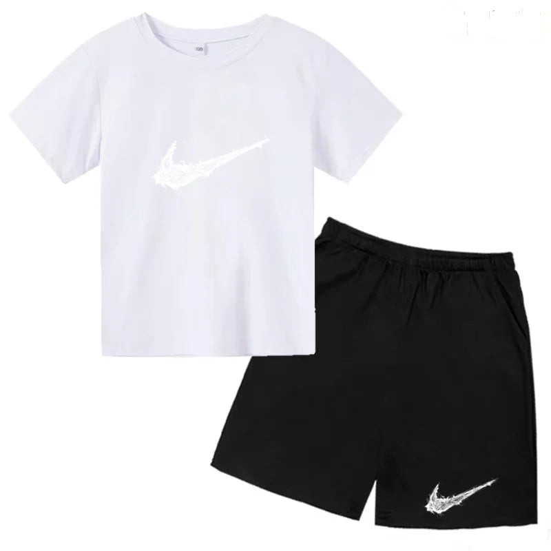 Summer Brand White T-shirt+Shorts Two-piece Set Kids New Clothing Fashion Letter Boy Girl3-13Yrs Sports Short-sleeved Casual Set