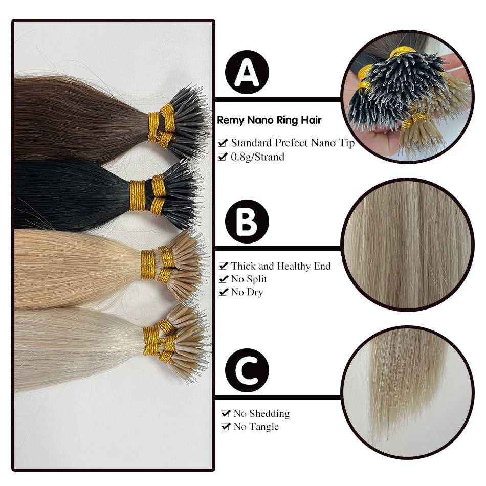 Nano Ring Hair Extensions Human Hair 100 Strands Remy European Straight Hair Natural Blonde Invisible Reusable