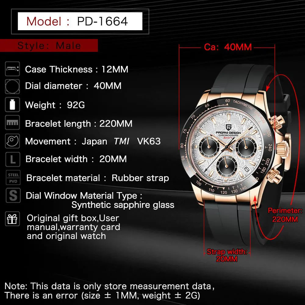 PAGANI DESIGN New VK63 Quartz Watch 40mm Men Wristwatch Chronograph Stainless Steel Waterproof Clock Top Brand Gift Watches Man