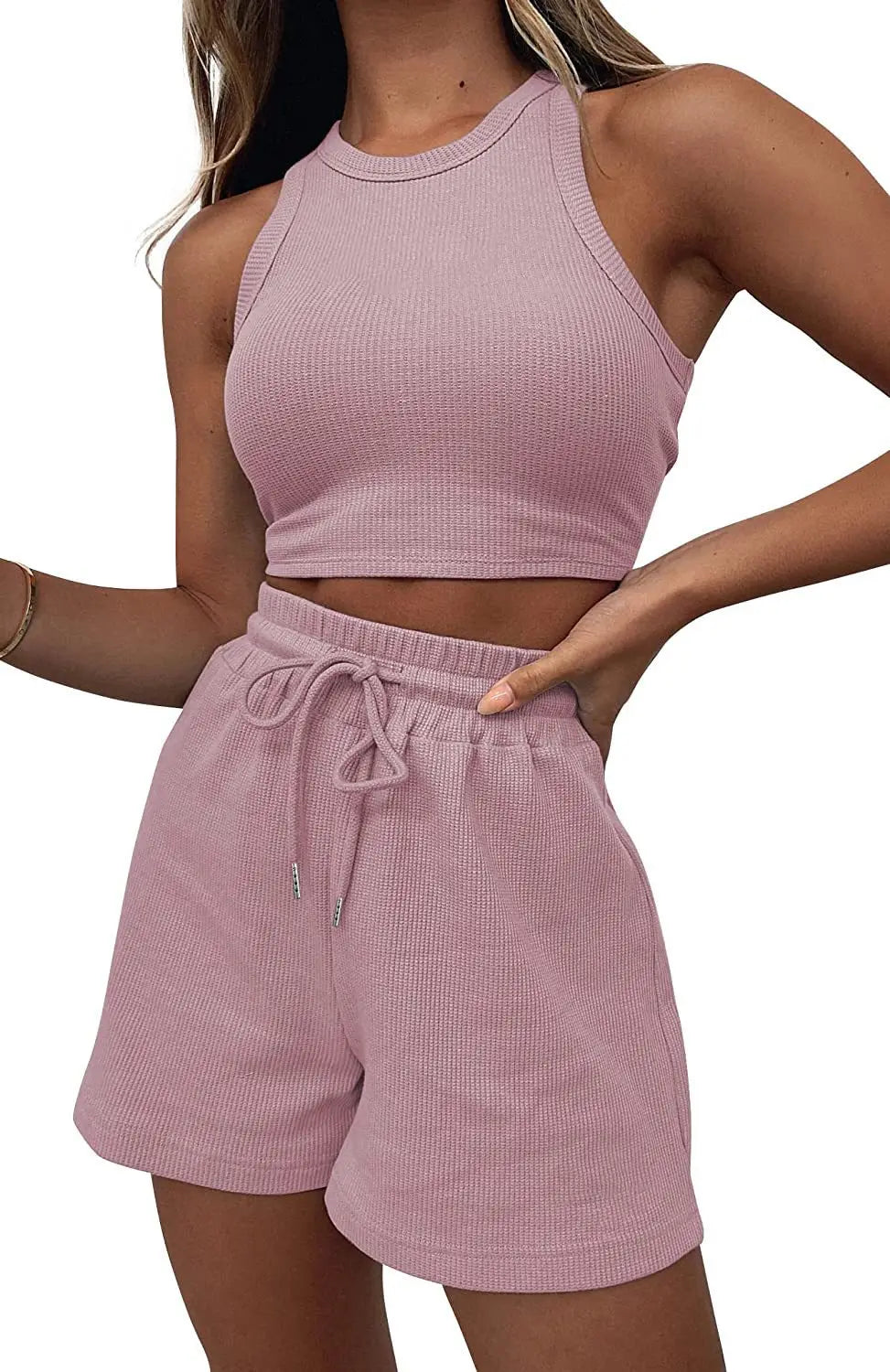 Hot Sells Women's Shorts 2-piece Set Waffle Short Vest Sports Running Elastic Waist Drawstring Summer Fashion Set for Female